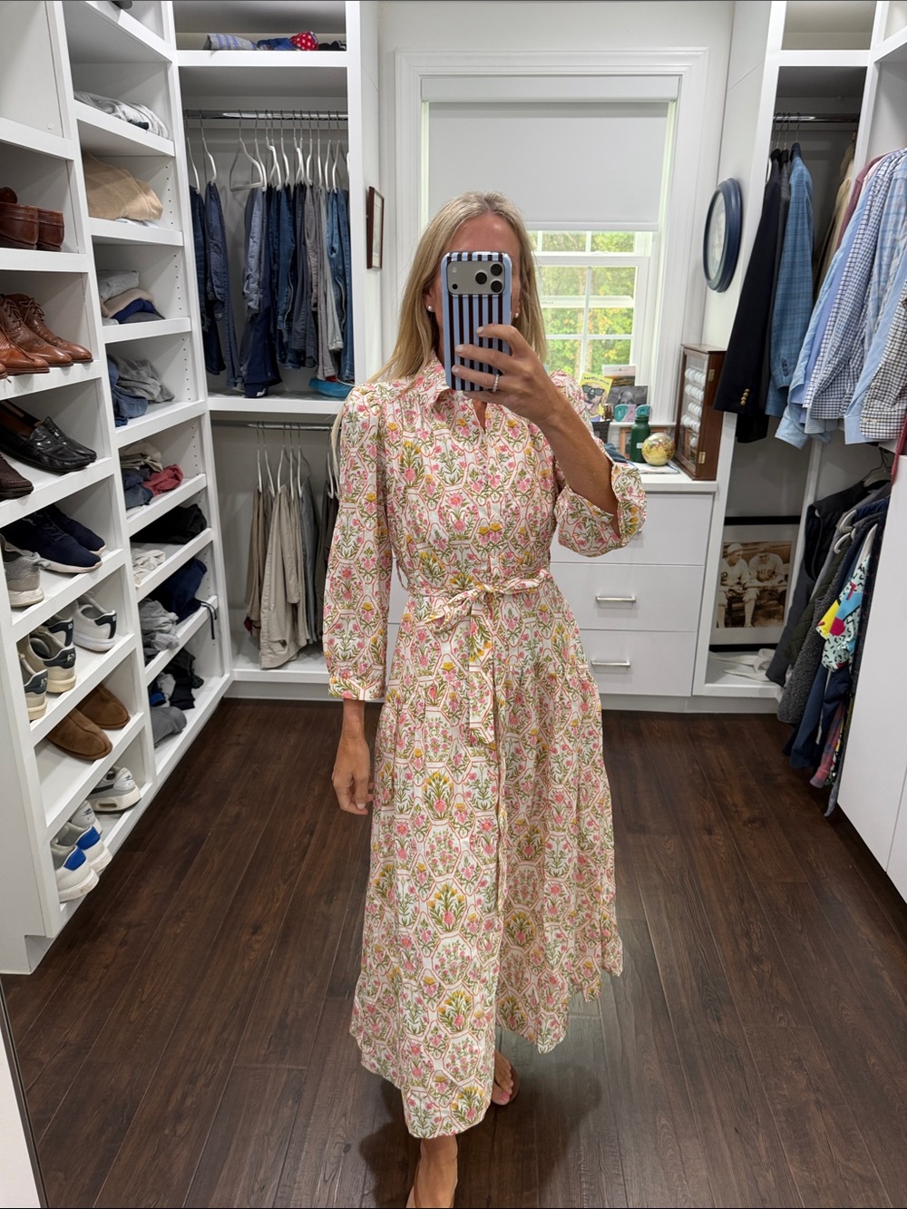Avara Floral Print Tie-Waist Midi Dress in Pink and Cream XS NWT